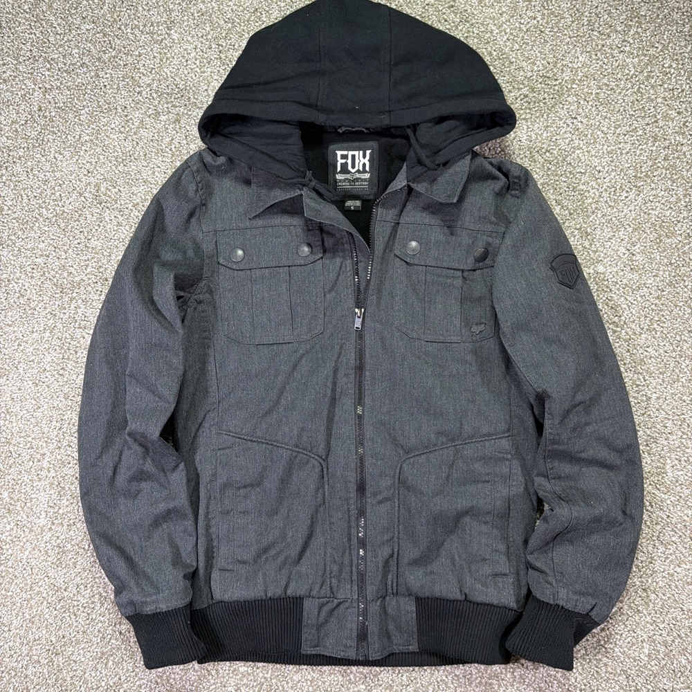 Y2k Fox Racing Jacket Hooded Size Small Grey Black ZIPUP Essentials